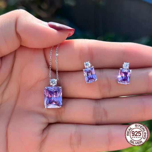 Sterling Silver Purple CZ Baguette Pendant Necklace & Earrings Set Rhodium Plated Bridal Party Gift for Women & Girls