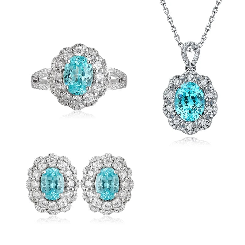Gemfiori High Quality 925 Silver Rhodium Plated Romantic Bridal Jewelry Set with Lab Grown Paraiba Rings for Women Engagement Gift