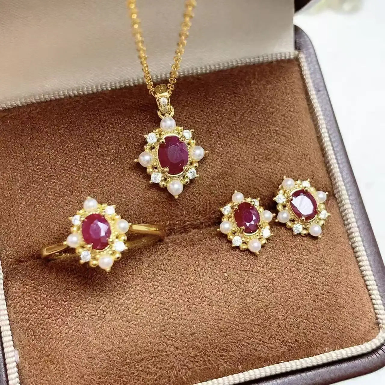Luxury Natural Ruby Jewelry Set 925 Sterling Silver 18k Gold-plated Necklace Earrings Ring Women's Sets Wedding Engagement Gift