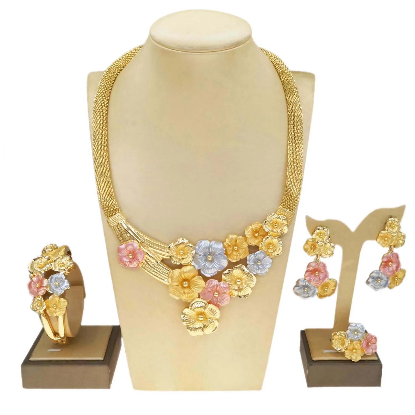 Zhuerrui Wholesale Luxury Gold Jewelry Sets Favors Multi Color Flowers Jewelry Set Customized Bridal Costume Accessories H00737