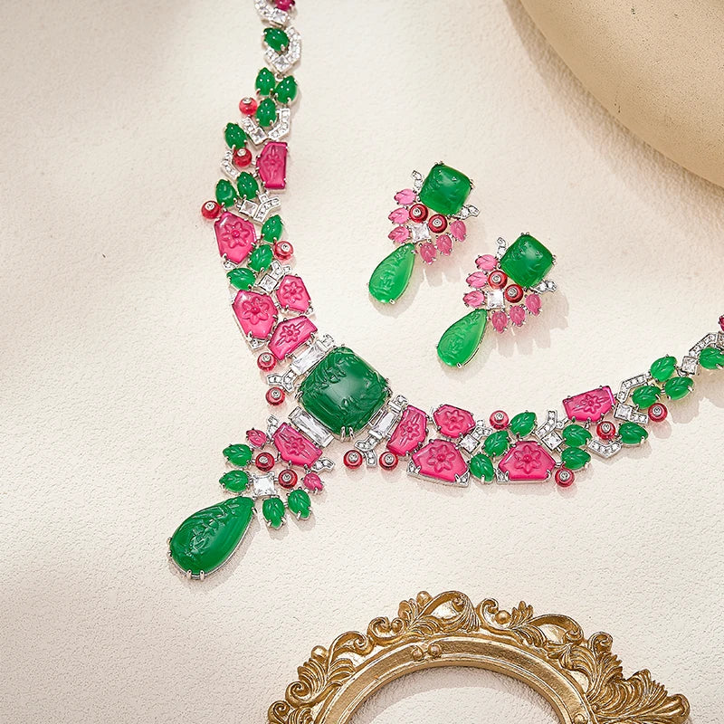 Gorgeous Retro Necklace Earrings Ring 3-piece Set Carved Embossed Pattern  Colorful Zircon Dubai Luxury Brass Jewelry
