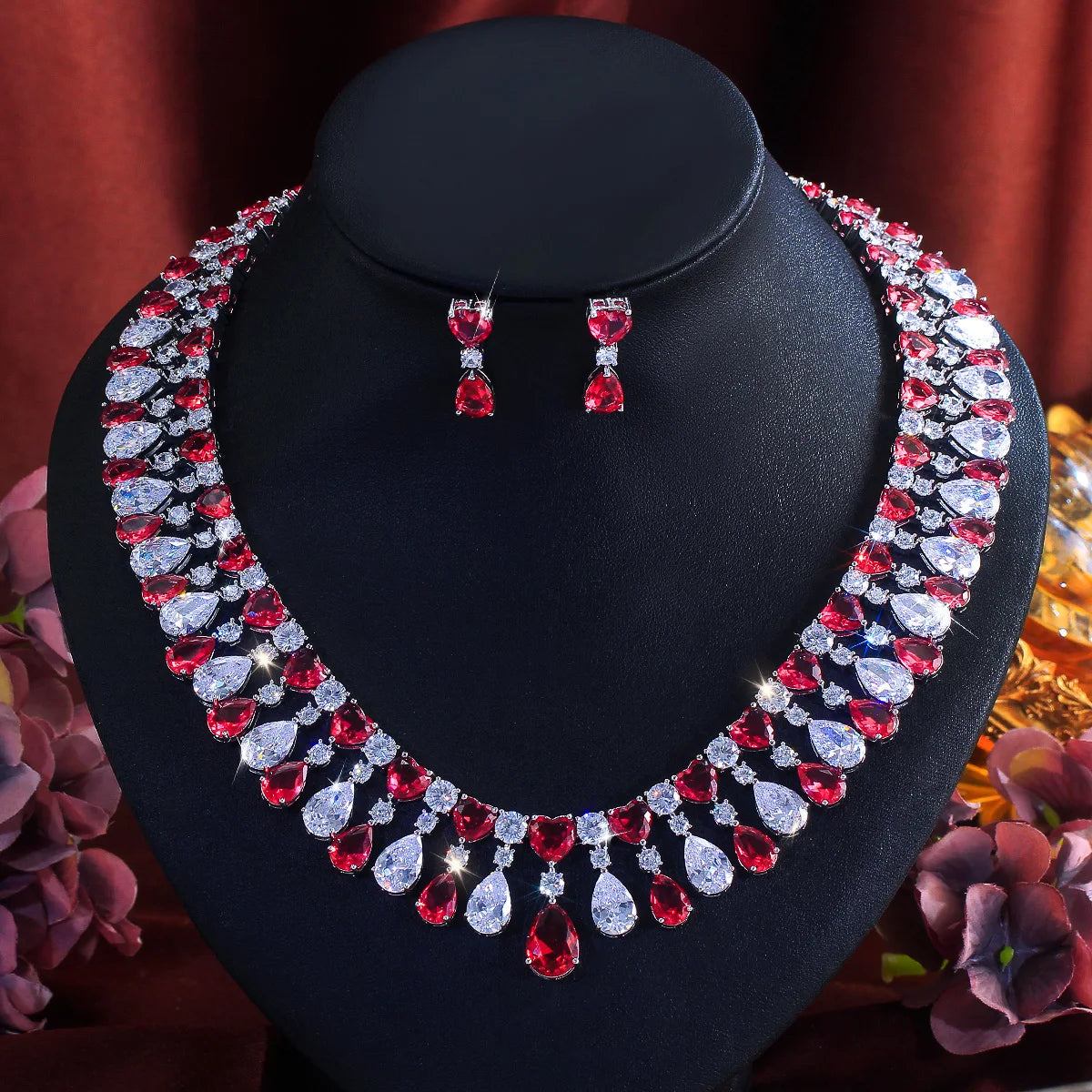 Charming Cubic Zirconia Jewelry Set Rhodium Plated Red CZ Heart Drop Dangle Necklace Earrings Jewelry Set for Brides Wedding