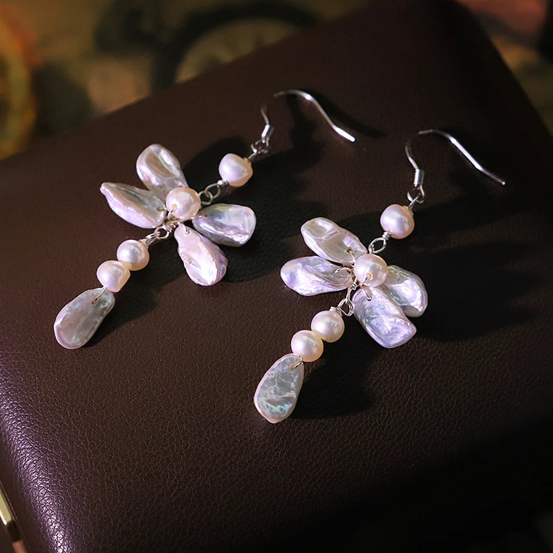Natural Freshwater Pearl Baroque Dragonfly Earrings Handmade Creative Design High-Quality Earrings Gift for Wife Banquet GE1794
