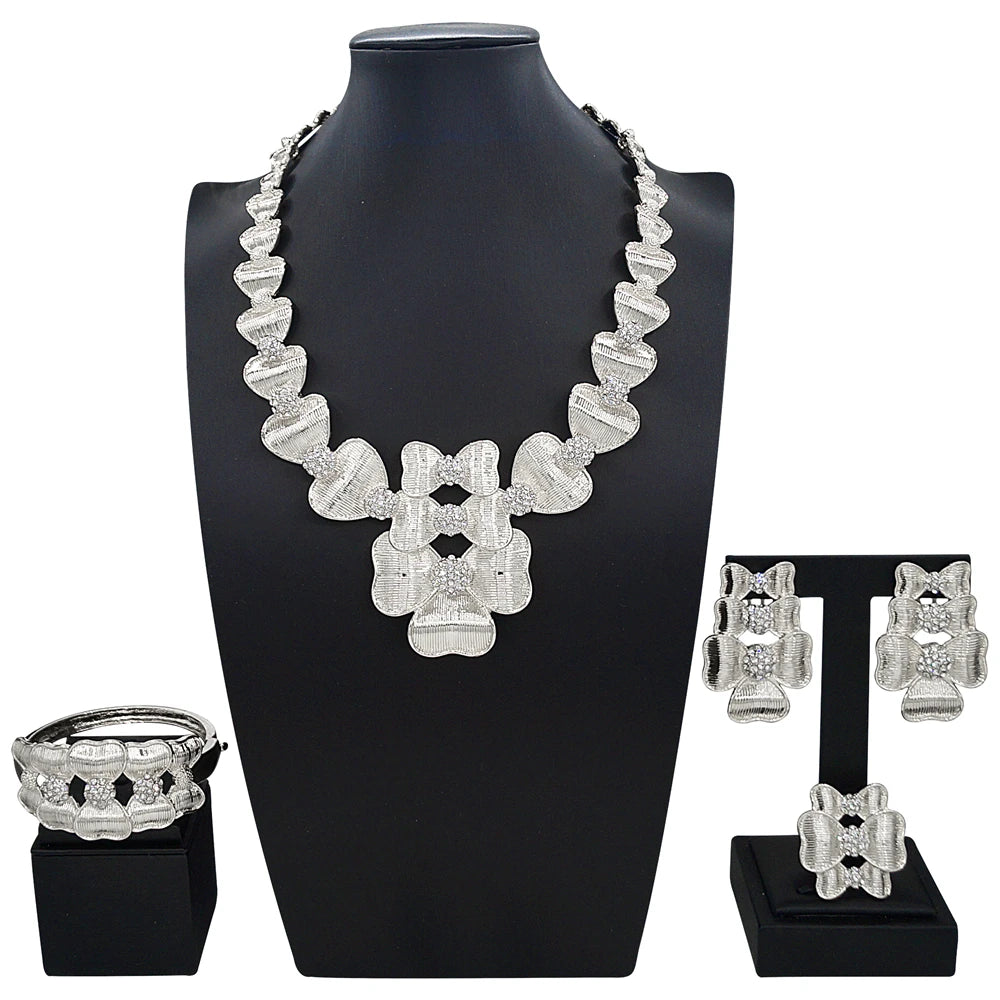 Zhuerrui Handmade Gold Plated Jewelry Set Retro Flower Design Necklace Earring Bracelet Set for Bridal Wedding Party I008520-2