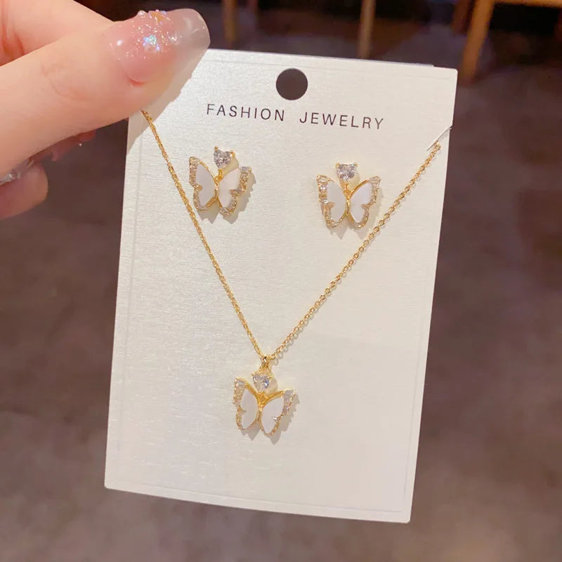 Hot Selling Fashion Unique Butterfly Necklace and Earrings Set with Zircon Classic Real Gold Plated Jewelry Set for Women