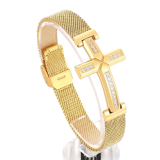 KALEN 230mm Unisex Gold/Silver Color Stainless Steel&Rhinestones Bracelet With Religious Cross Charm