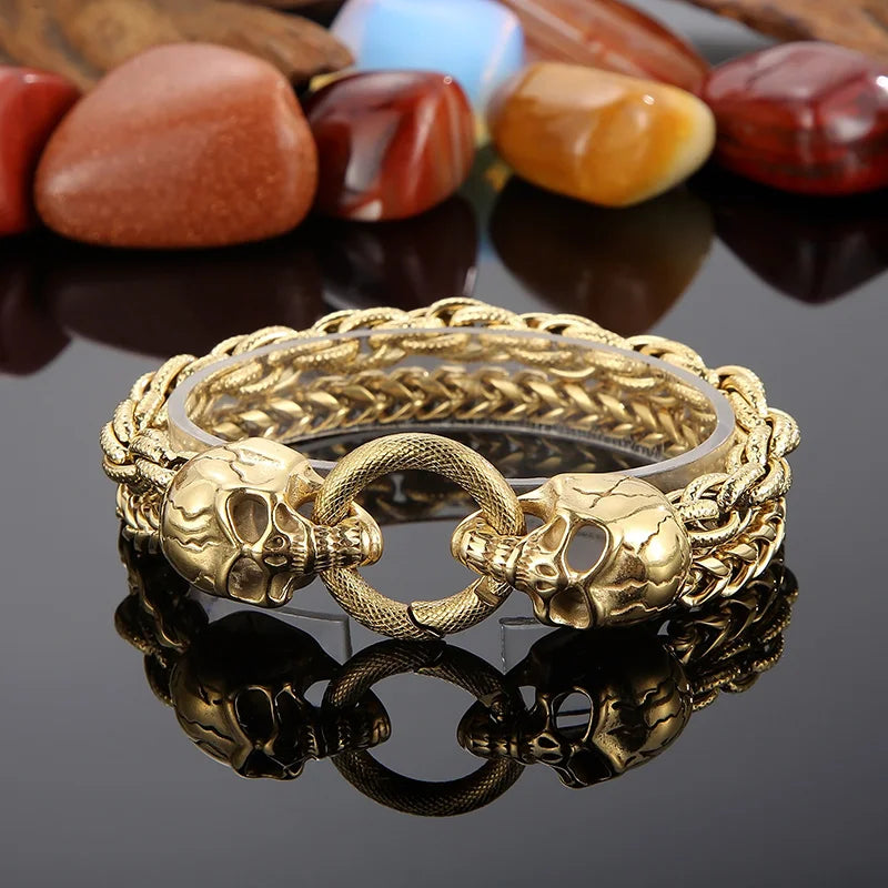 KALEN 220mm Punk Mens Stainless Steel Skull Herringbone Chain Link Bracelets