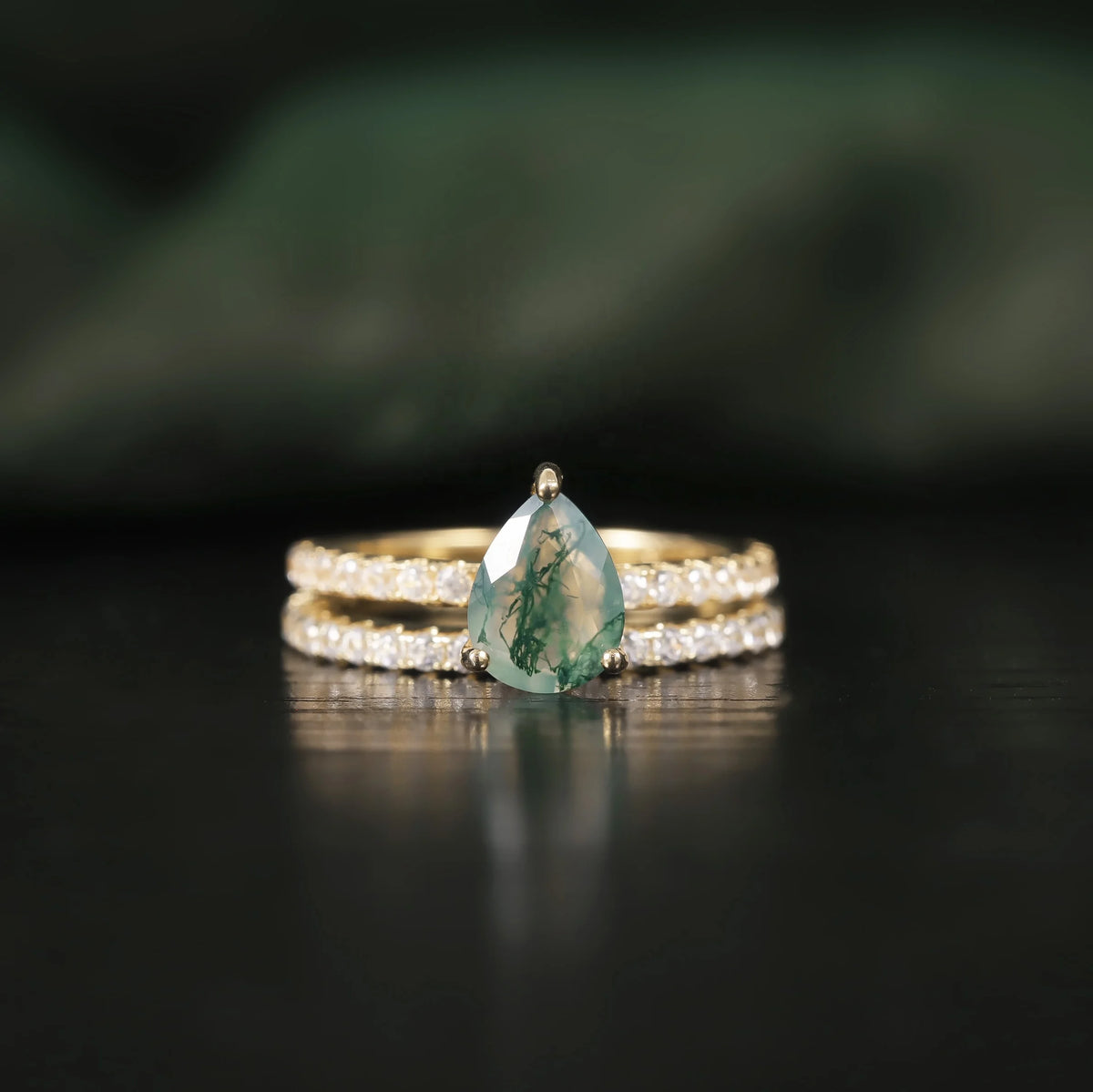 ArtistA Abiding High Quality Pear Cut 6X8MM Green Moss Agate Gemstone Half Eternity Real 925 Sterling Silver 2 Pieces Wedding Rings Set