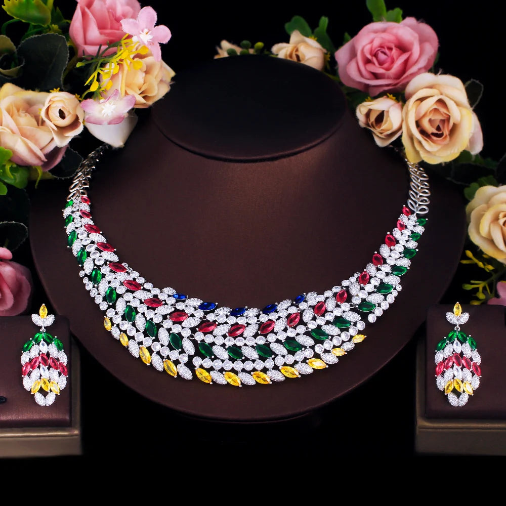 Mixcolor Cubic Zircon Leave Shape Dubai Bridal Luxury Big Bold Jewelry Set for Women Wedding African Statement Jewellery