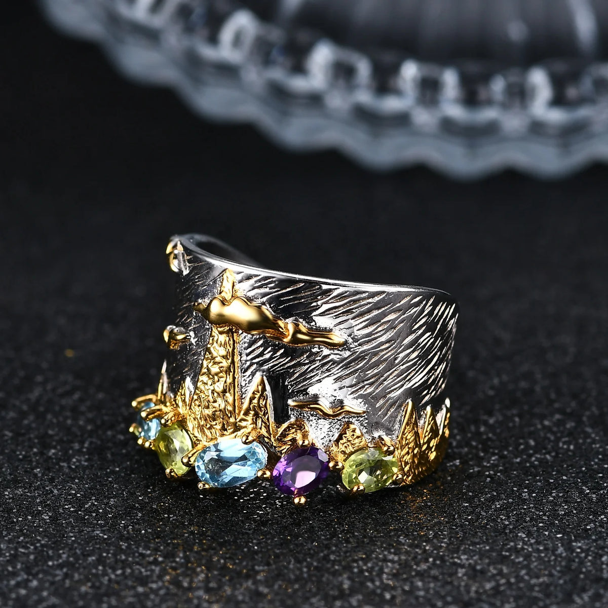 ArtistA Abiding Original Design 925 Silver Mixed Natural Gemstone Peridot Topaz Gold Plated Mountain Cloud Ring