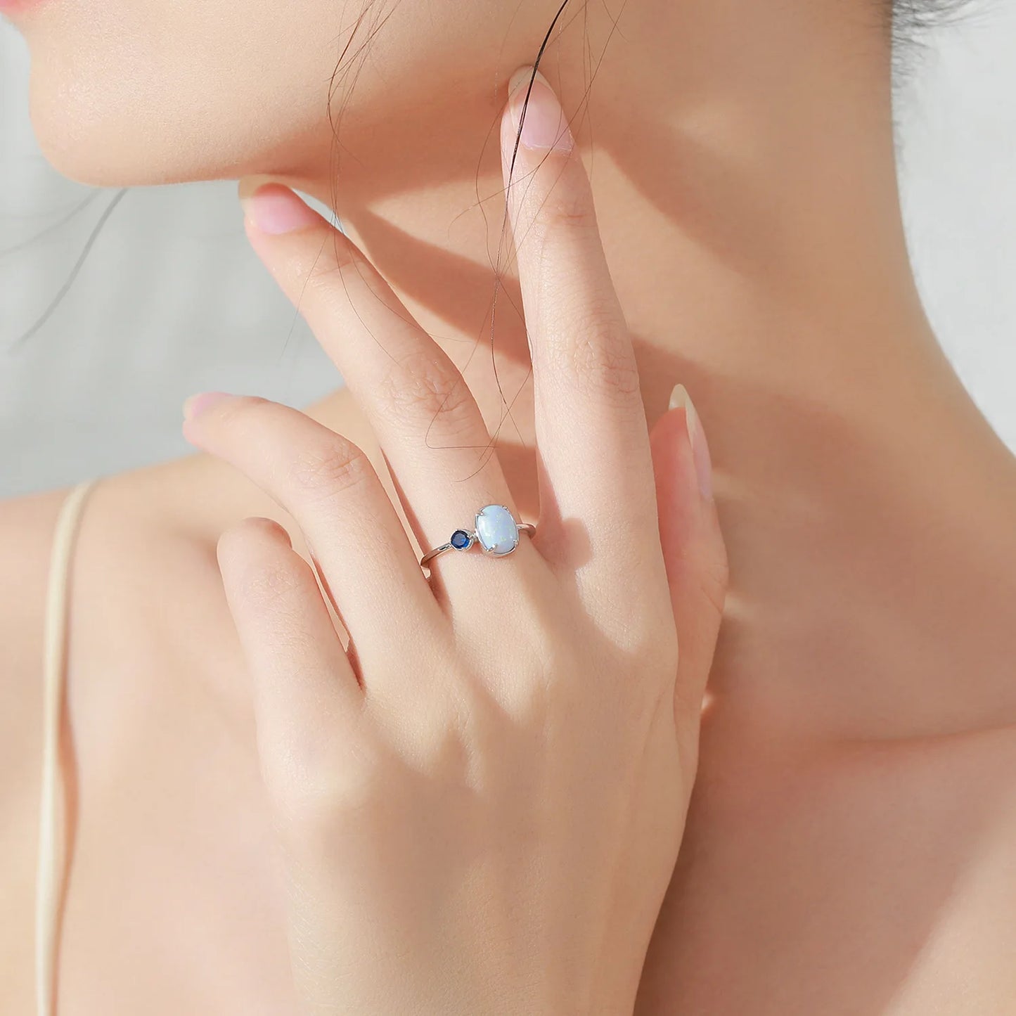 925 Sterling Silver Opal Stone Ring Bracelet Necklace Fashion Temperament Three Piece Blue Jewelry Set Gift Set