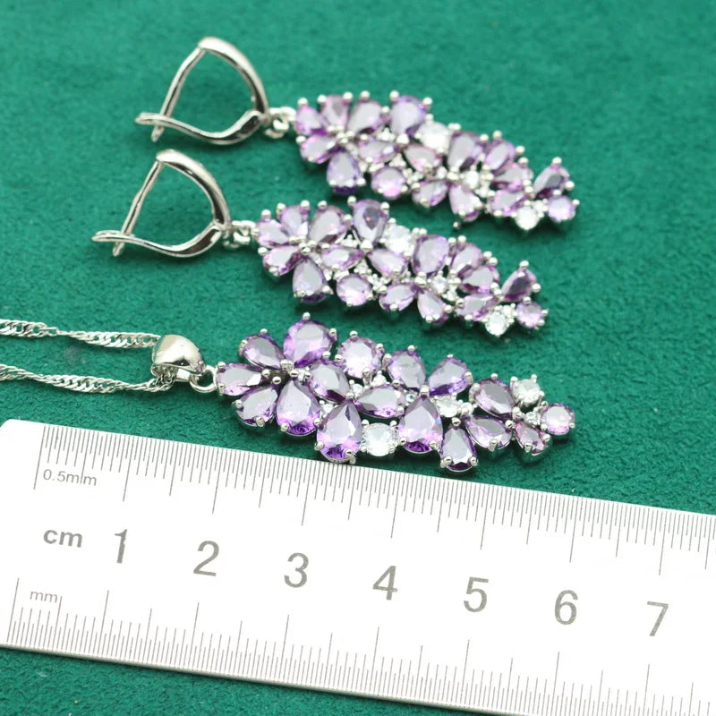 XOTICA 925 Sterling Silver Jewelry Set for Women Purple Amethyst Zircon Classic Bracelet Earrings for Wedding Party Birthday Gift