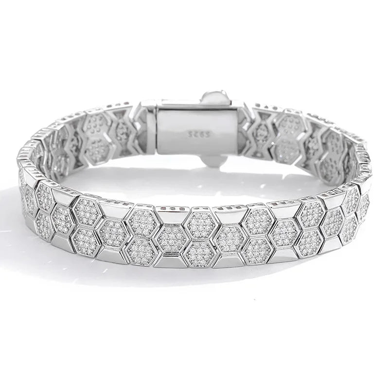 ArtistA 9 Factory 10mm Honeycomb Grid Micro-Pave VVS1 D Color Moissanite 925 Sterling Silver Multi-Size Fashion Design Bangle Bracelets
