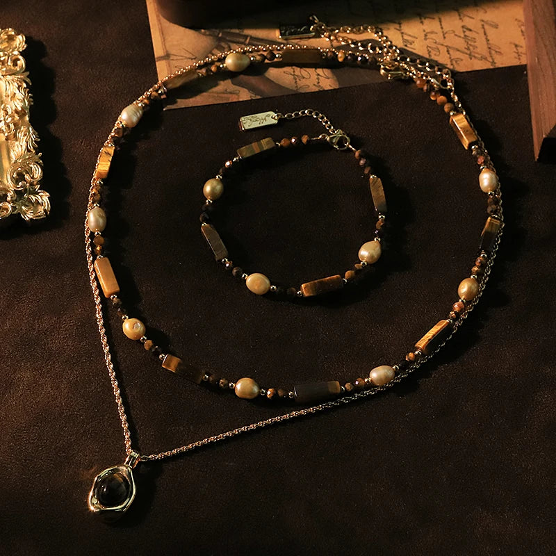 Natural Pearl Long Tiger Eye Stone Pendant Necklace Bracelet Set Luxurious Design Jewelry Set for Banquet Gift for Women GS0221