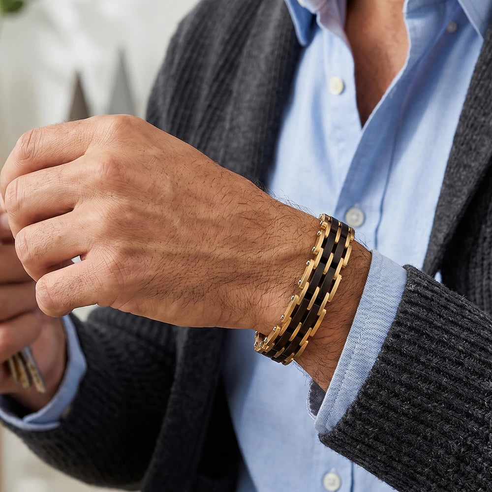 REBEL Luxury Wooden Unisex Stainless Steel Chain Bracelet Vintage Black Zinc Plated Custom Logo Engraving Handmade Fashion Jewelry