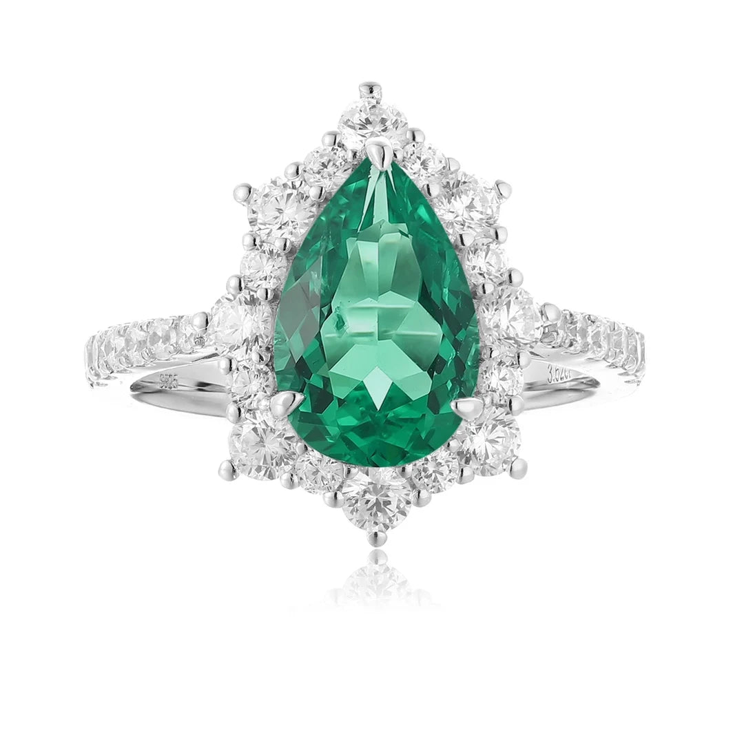 Gemfiori Luxury Lab Grown Pear Cutting Emerald S925 Silver Ring Custom Made Ring with Excellent Price