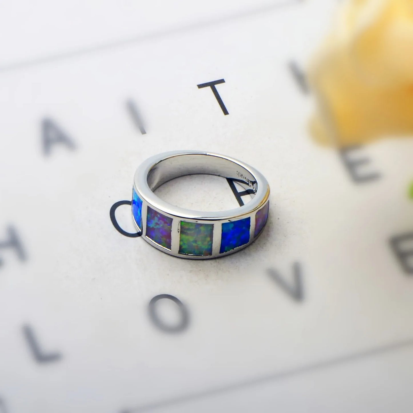 Iridescent Multi-Color Opal Striped Ring | Stainless Steel Shiny Band | Vibrant Rainbow Gem Inlay Fashion Jewelry for Men Women