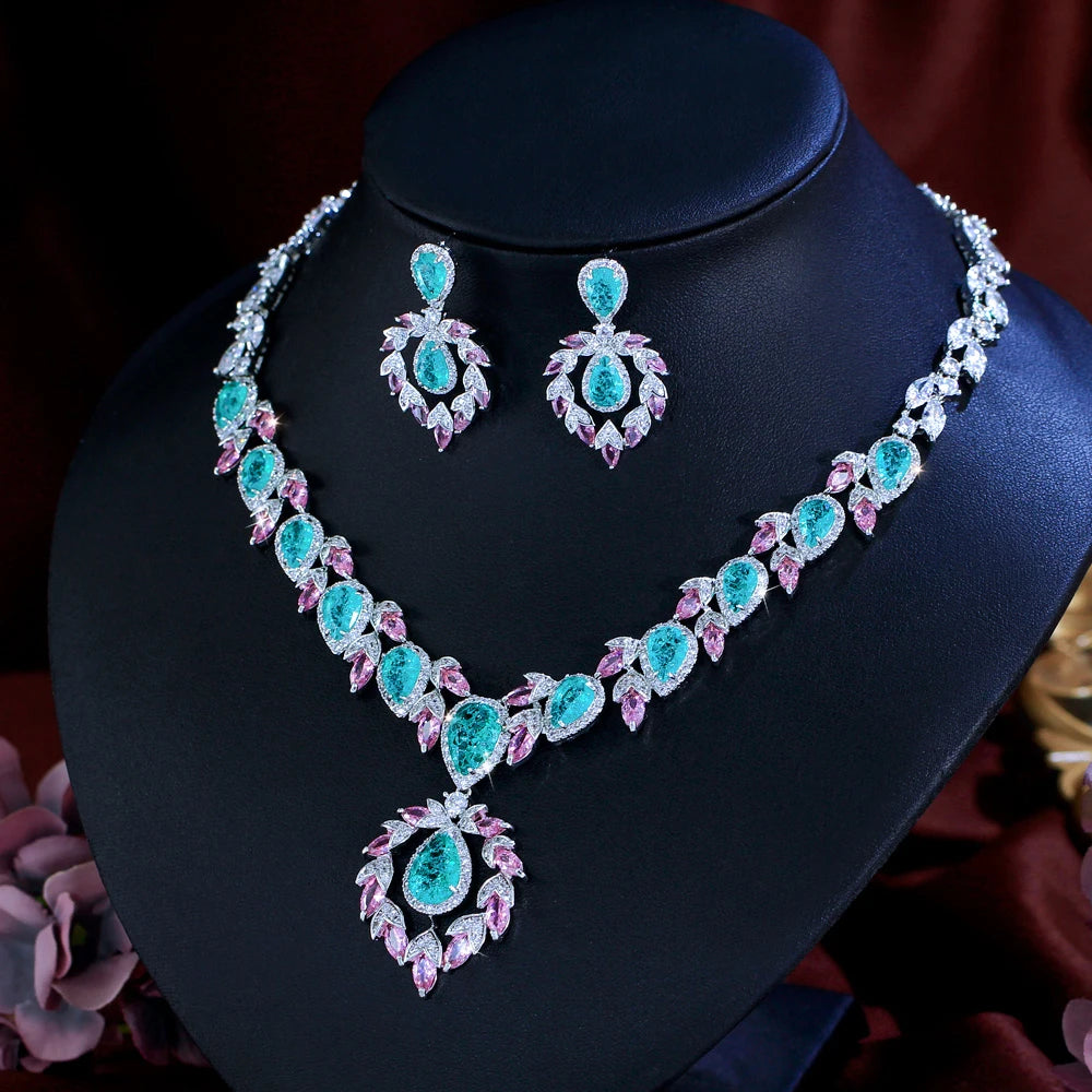 Bohemian Glamorous Necklace Earrings Shiny Light Green Ice Out Cubic Zirconia Wedding Party Jewelry Set for Women Anniversary