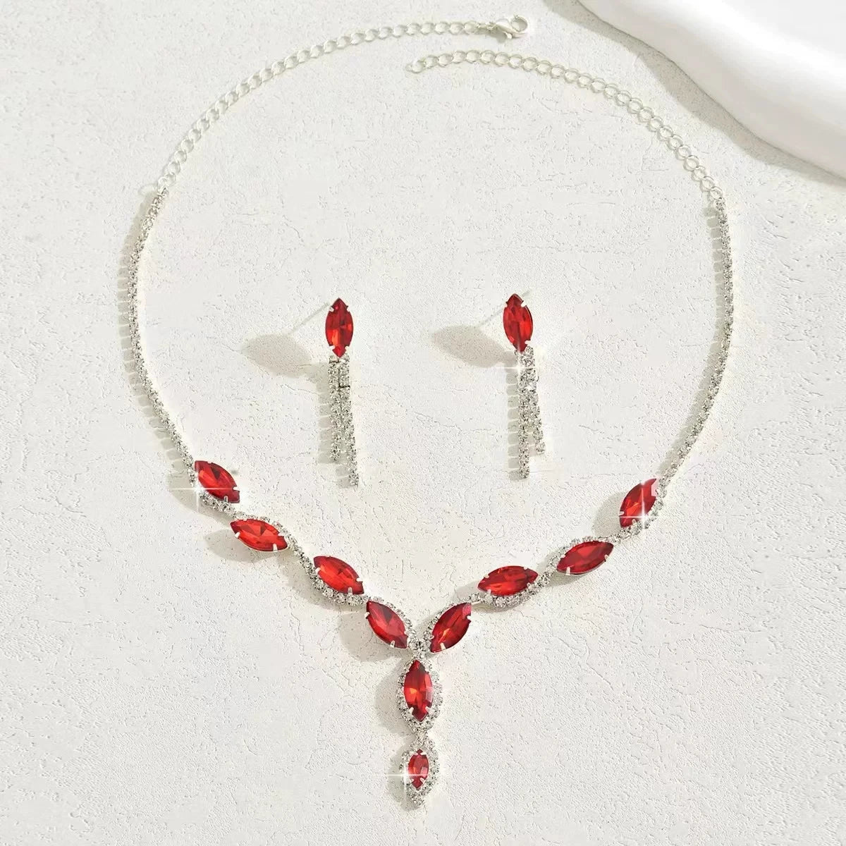XM S375 Silver Plated Marquise Cut Zircon Floral Statement Necklace & Tassel Drop Earrings Set