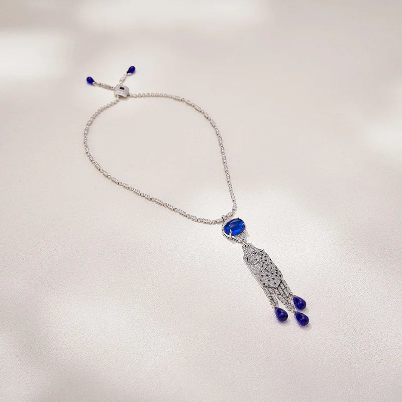 Luxury Leopard Print Teardrop Zirconia Necklace & Earrings Set — Blue & Green
