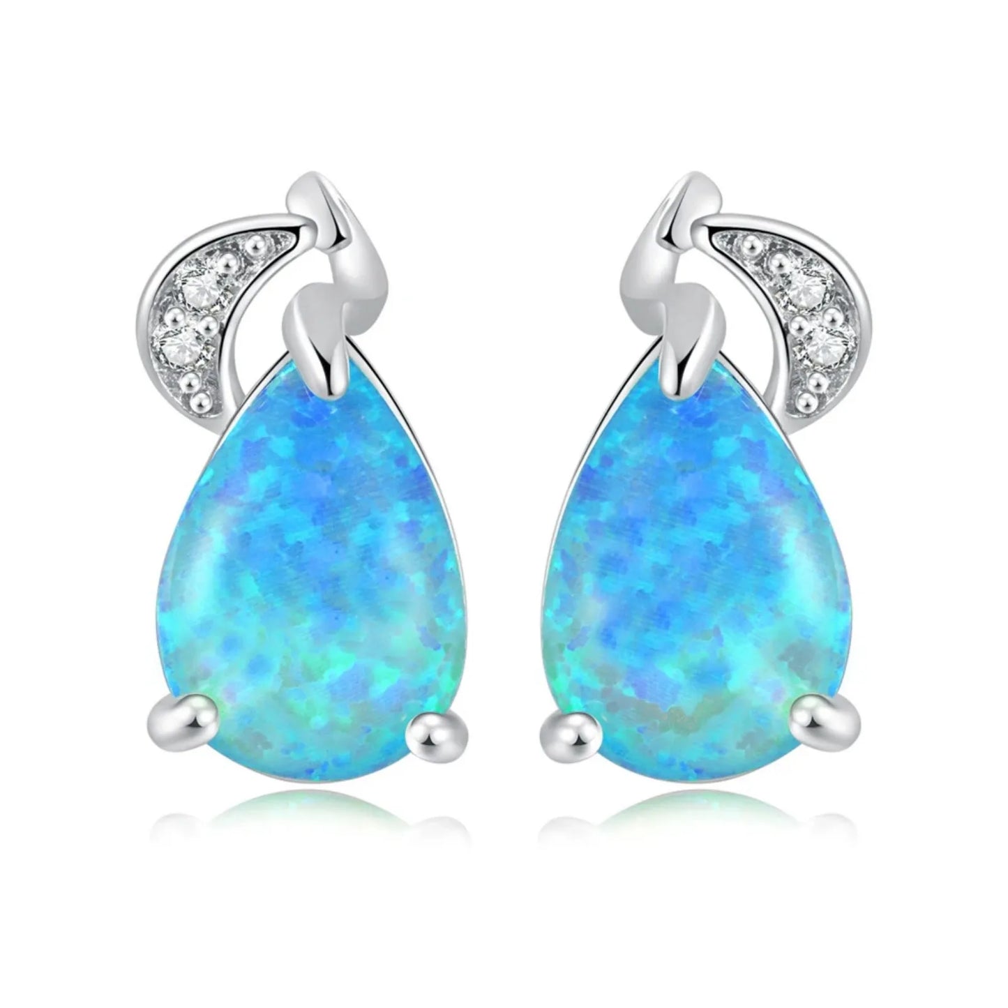 Elegant Teardrop Opal Drop Earrings - Blue Fire Opal Solitaire & CZ Accent Design | Formal Daily Jewelry Bulk Gifts