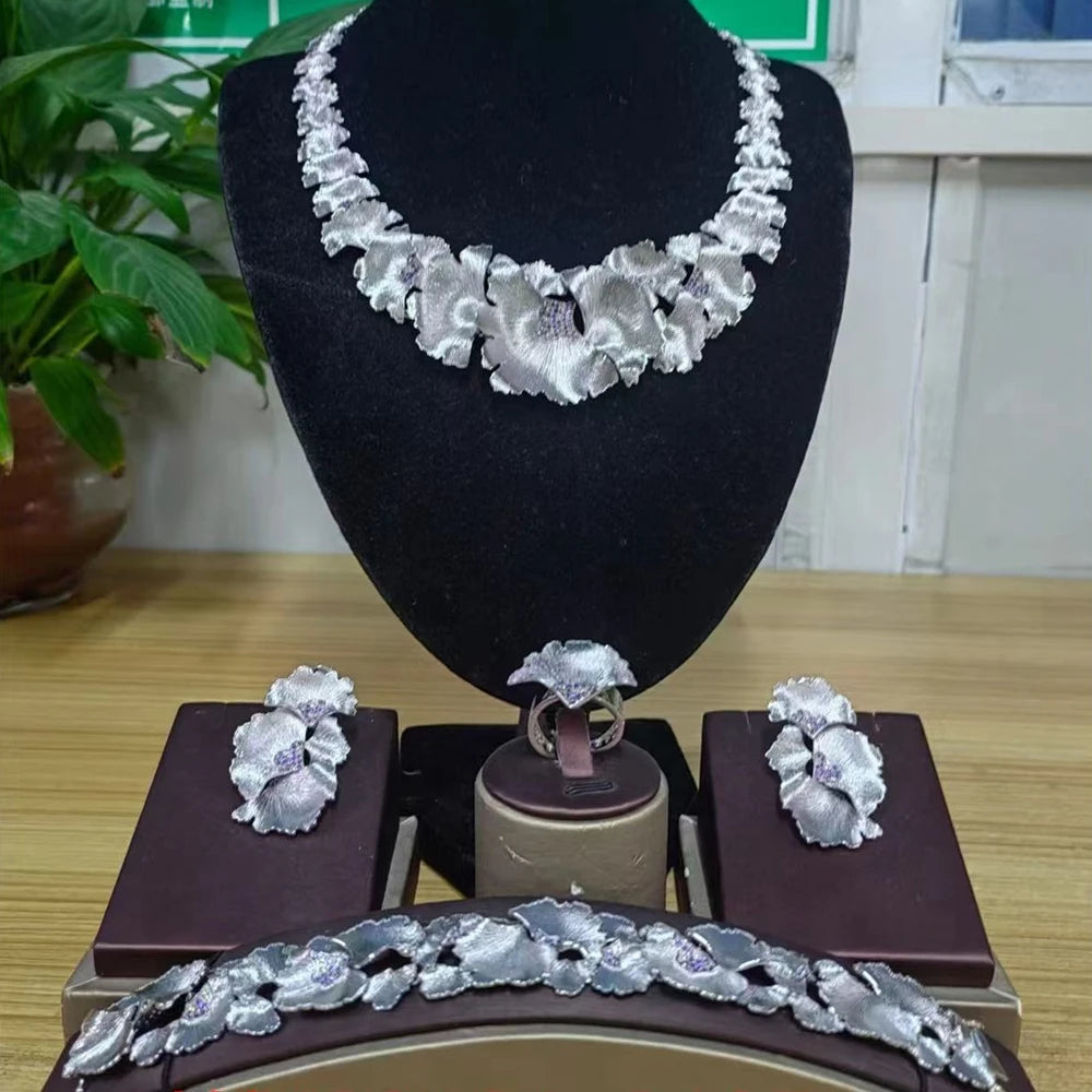Zhuerrui Luxury Cubic Zirconia Jewelry Set American Diamond Flowers Jewelry Sets Necklace Bracelet Earrings Ring Jewellery Set