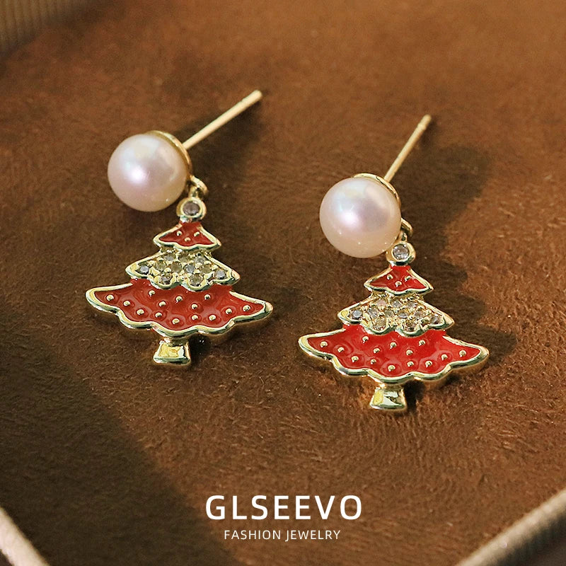 Natural Freshwater Pearl Red Tree-Like Dangle Earrings New in Earrings Gift for Women Girl Christmas Holiday Jewelry GE1744