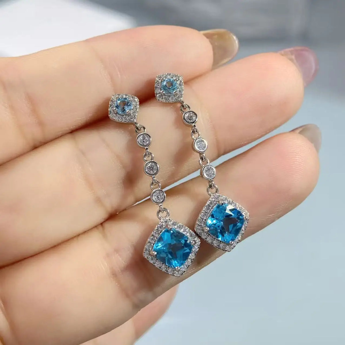Gioiellieri Natural Blue Topaz Earrings S925 Sterling Silver Dangle Earrings for Women Fine Jewelry Anniversary Gift December Birthstone