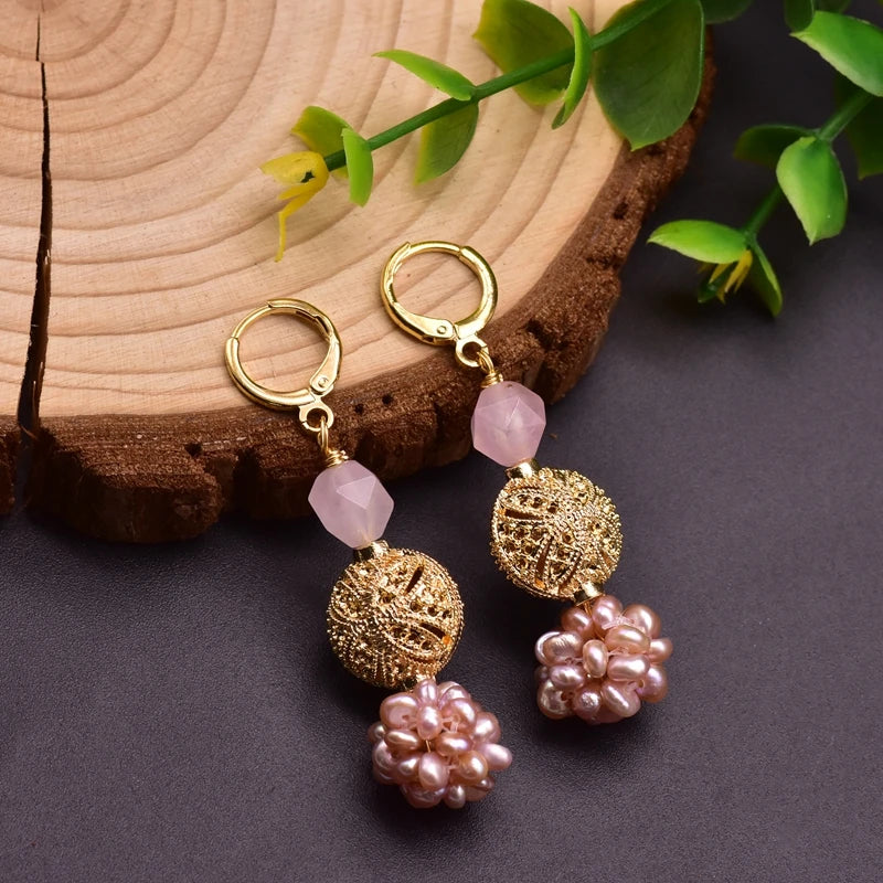 GLSEEVO Fresh Water Pink Baroque Pearl Dangle Flower Earrings for Women Girls Daughter Cute Jewellery for Birthday Party GE0961B