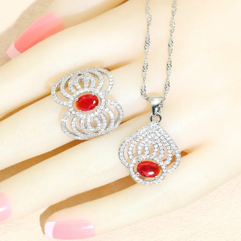 XOTICA 2023 New 925 Sterling Silver Jewelry Set for Women Red Zircon Earrings Bracelet Rings Necklace Pendant for Party Wedding Gift