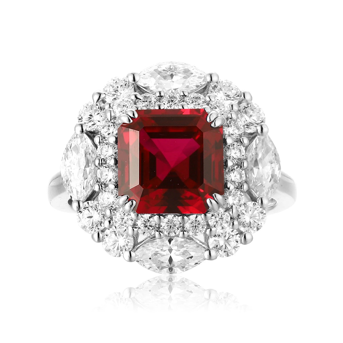 Gemfiori Hot Selling Asscher Cut Lab Grown Ruby Ring Sweet Elegant Vibe Fadeless Finish Premium Luxury High Grade Jewelry Piece