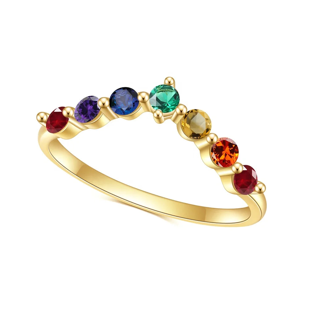 ArtistA V Shape Seven Stone Minimalistic Simple Stackable 925 Sterling Silver CZ Opal Multi Gemstone Ring Bands