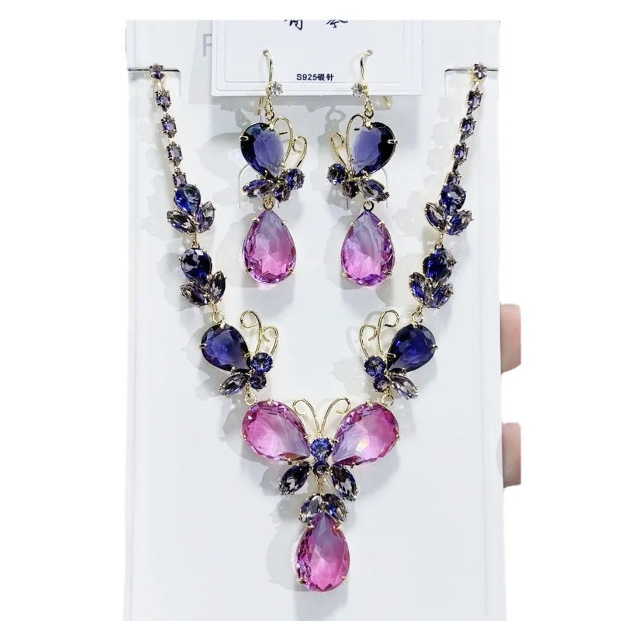 K074 Top Quality Women Trendy Luxury Butterfly Pink Purple Zircon Bridal Necklace Earrings Set Wedding Elegant Jewelry Set