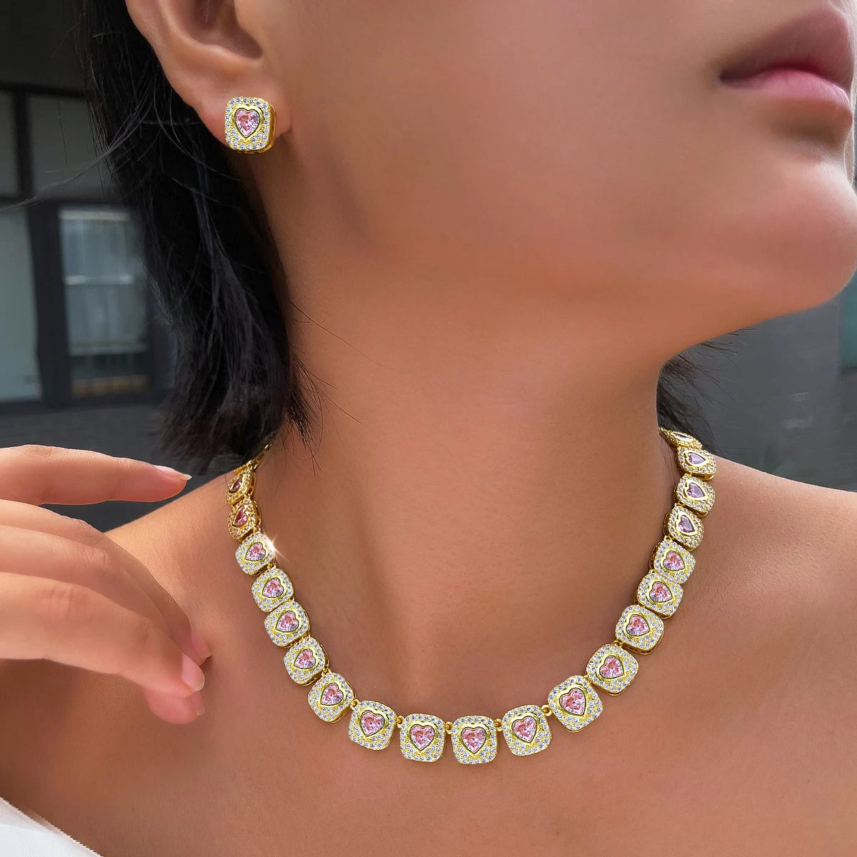 Sparkling Heart Cut Pink Cubic Zirconia Halo Pave Necklace and Earrings Set 18k Gold Plated Bridal Jewelry Set  for Women Gifts