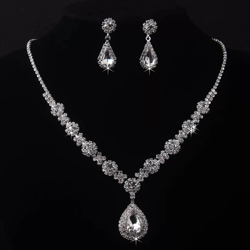 XM S376 Silver Plated Princess Cut Zircon Floral Teardrop Pendant Necklace & Drop Earrings Set