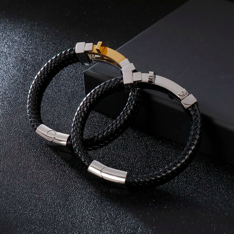 KALEN Trendy Genuine Leather Cord Bracelet Men Stainless Steel With Magnetic Clasp