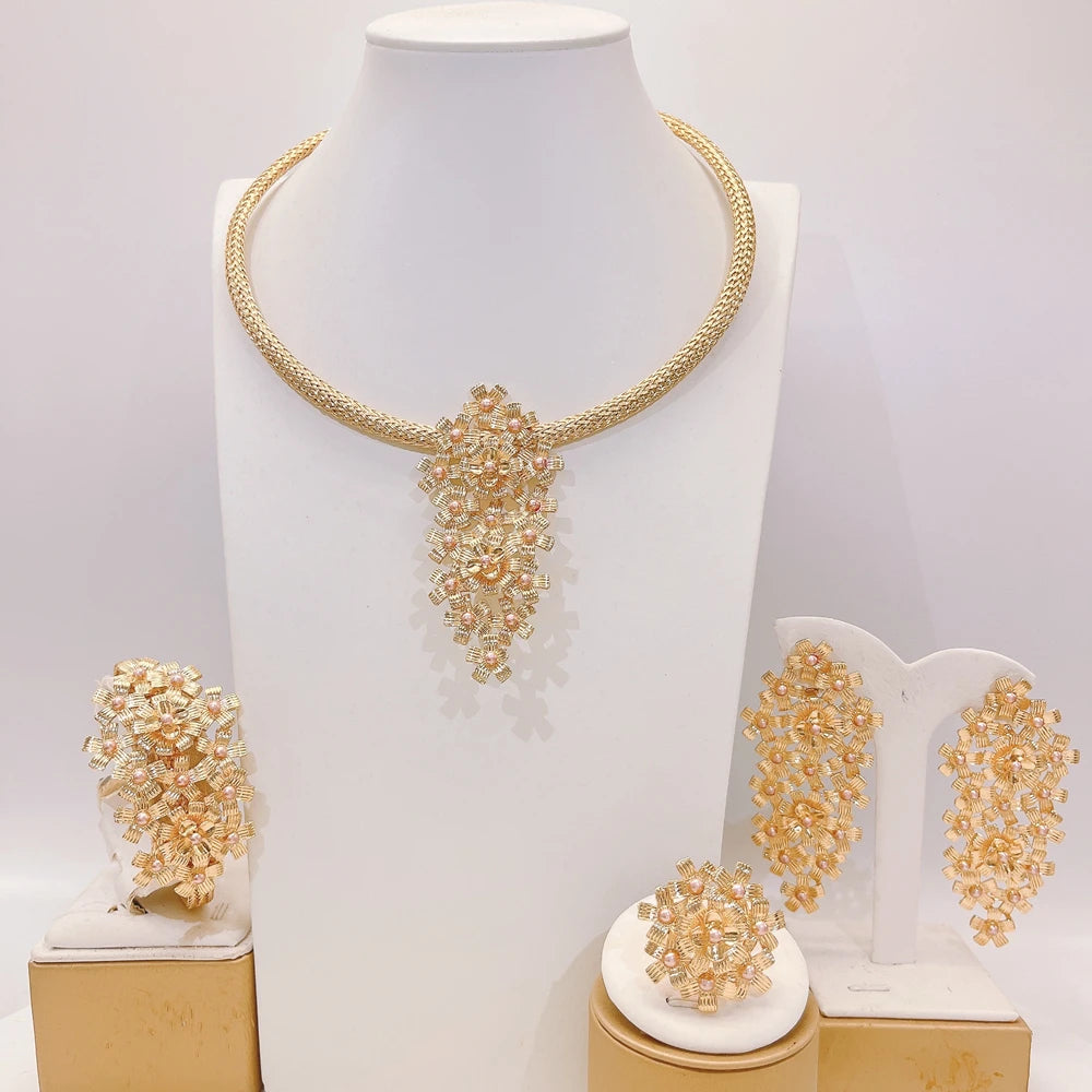 Brazilian Flowers Jewelry Sets Gold Rose Italian Jewelry Set Wedding Party Brass Necklace Bracelet Earrings Ring Jewelry