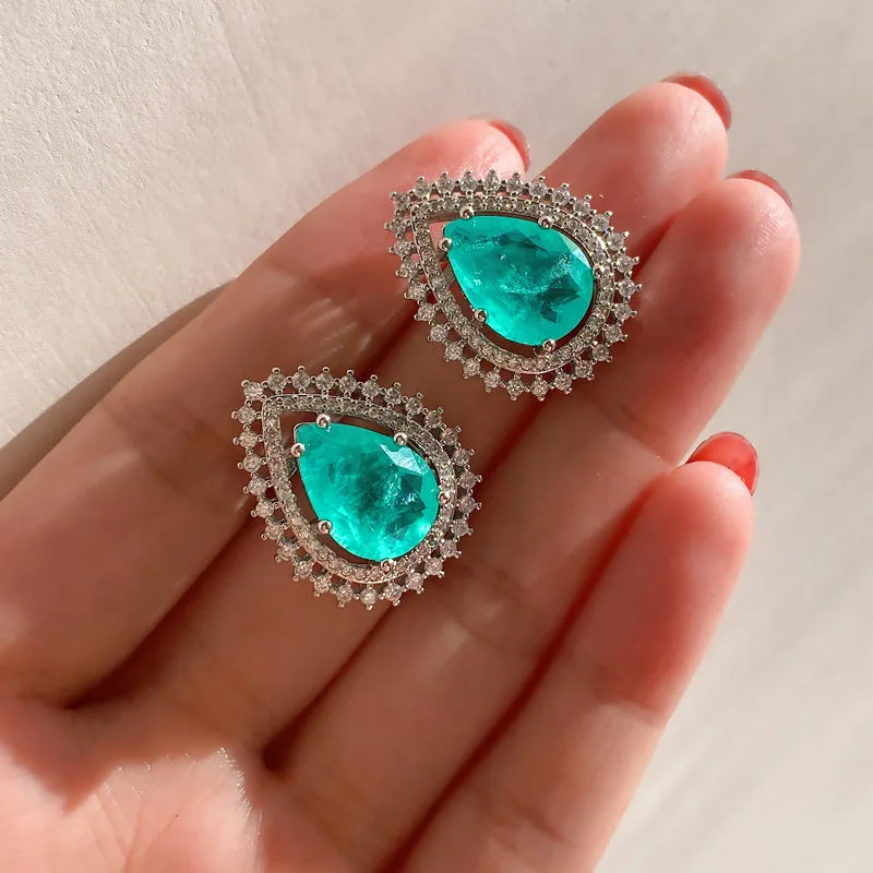Fashion Eco-friendly Copper 10*14mm Paraiba Zircon Classic Teardrop Pendant Earrings Set Water Drop Jewelry Set for Party