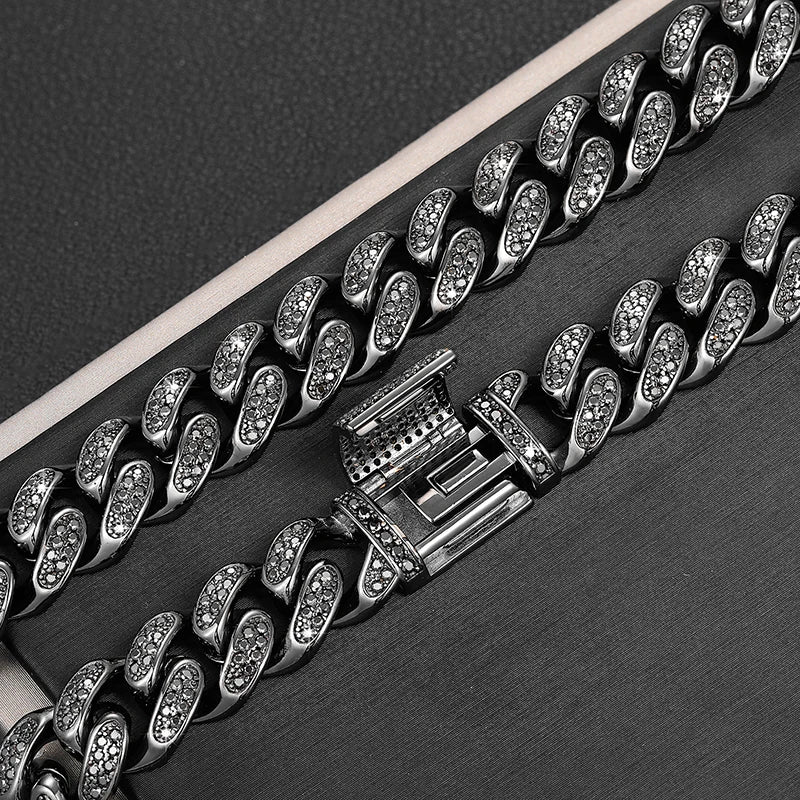 REBEL Item 12mm Black Vvs Moissanite Iced Out Cuban Link Chain Hop Fine Jewelry 925 Sterling Silver Cuban Necklace