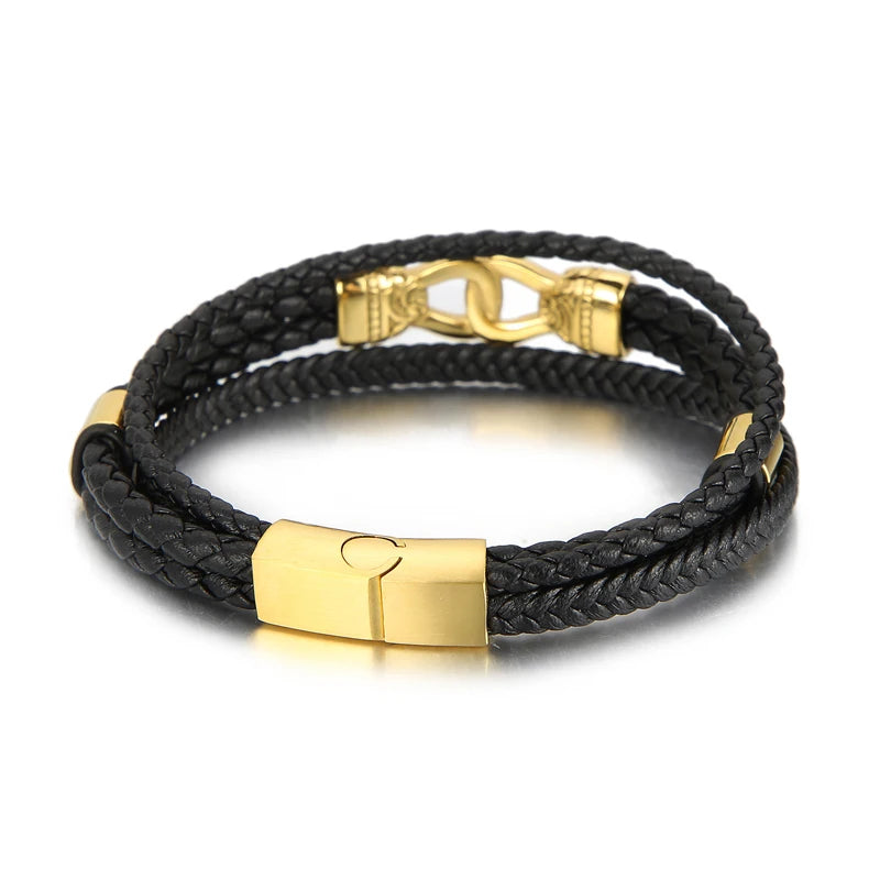 VIKING Mens Vintage Charm Leather Strand Bracelet – Black Stainless Steel