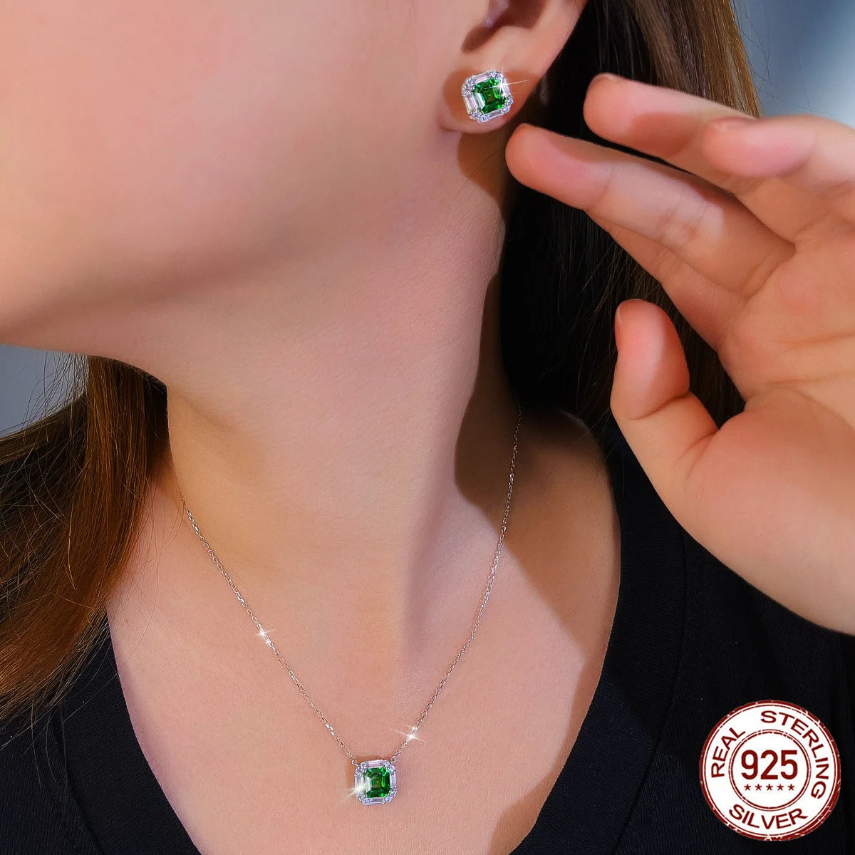 S&S 925 Silver Rhodium Plated Green Zircon Flower Pendant Necklace & Earring Set – Collection