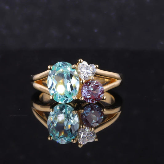 Gemfiori Starsgem 18K Yellow Gold Fashion Jewelry Rings Lab Paraiba and Alexandrite Gemstones Rings