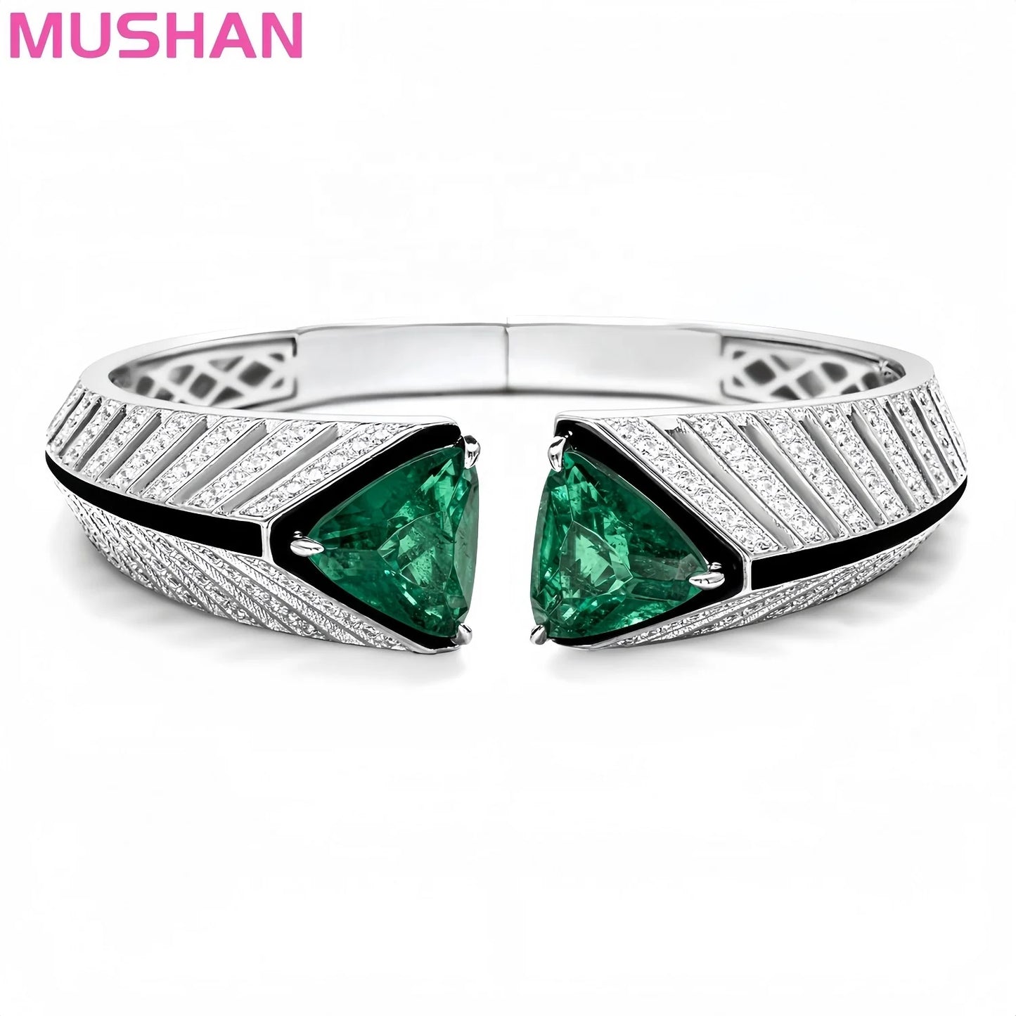MUSHAN Jewelry Factory s 925 Sterling Silver Bangle Synthetic Gemstones Mozu Green Emerald Jewelry Women Cuff Bracelet Bangles