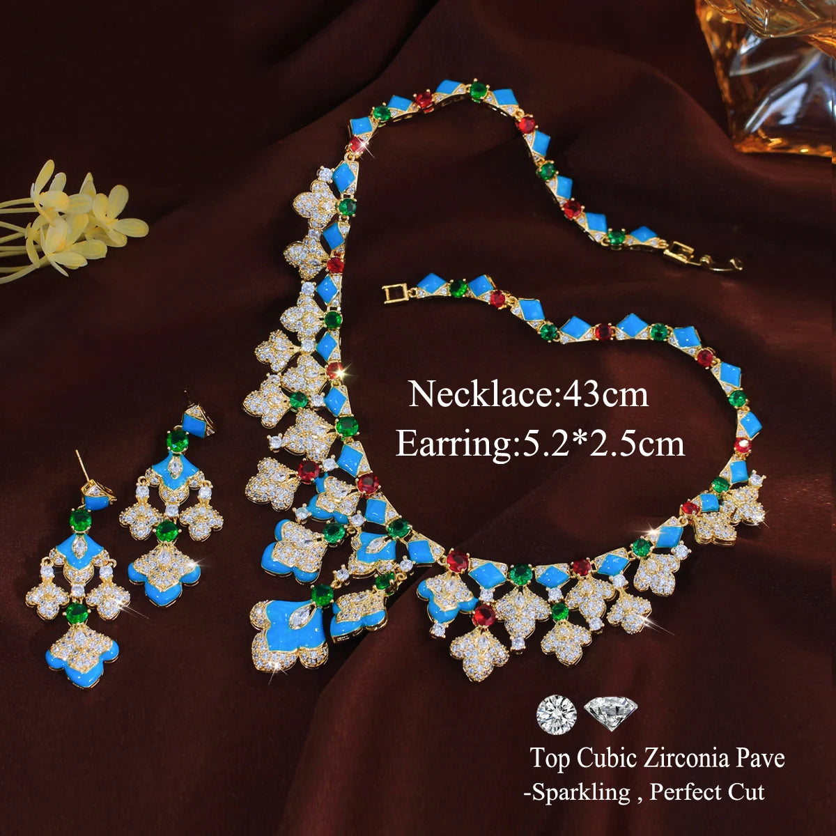 Gorgeous Mediterranean Style Blue Enamel Green CZ Necklace and Earrings Sets Vintage Luxury Jewelry Set for Banquets Vacations