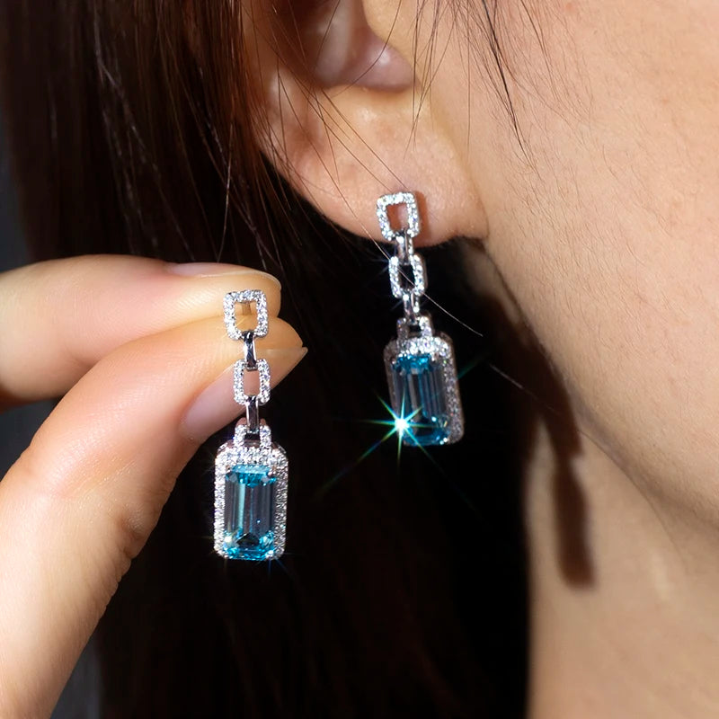 ArtistA MiShang Jewelry S925 Silver Earrings Radiant Cut Lab Grown Sapphire Diamond Aquamarine Lab Grown Diamond Pendant Earrings