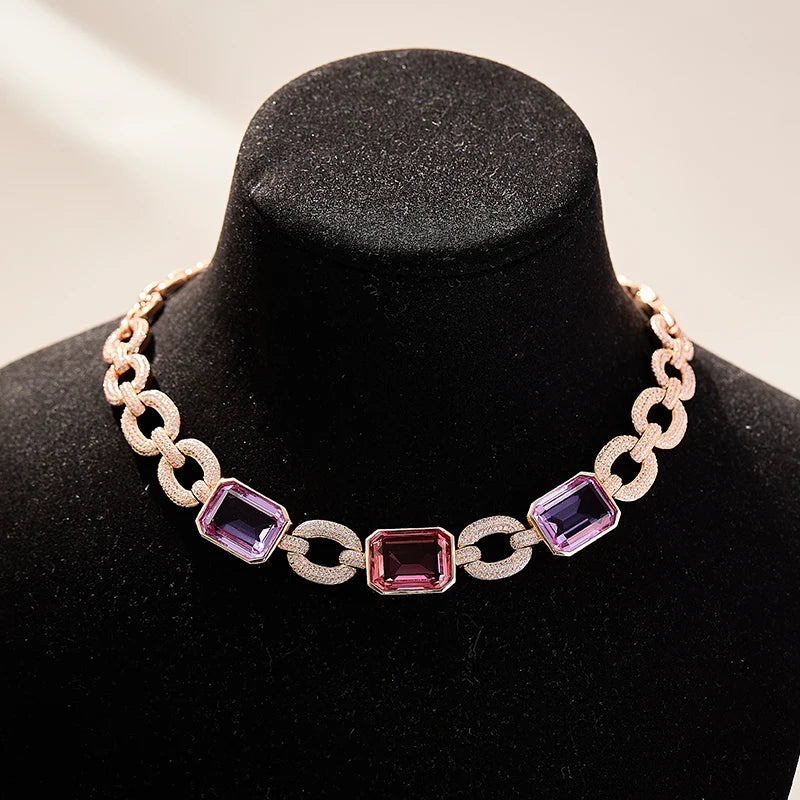 Rose Gold Pink Purple Set Modern Geometric Cutting Gem Neck Chain Earring Combination Exquisite Spicy Girl Banquet Party Jewelry