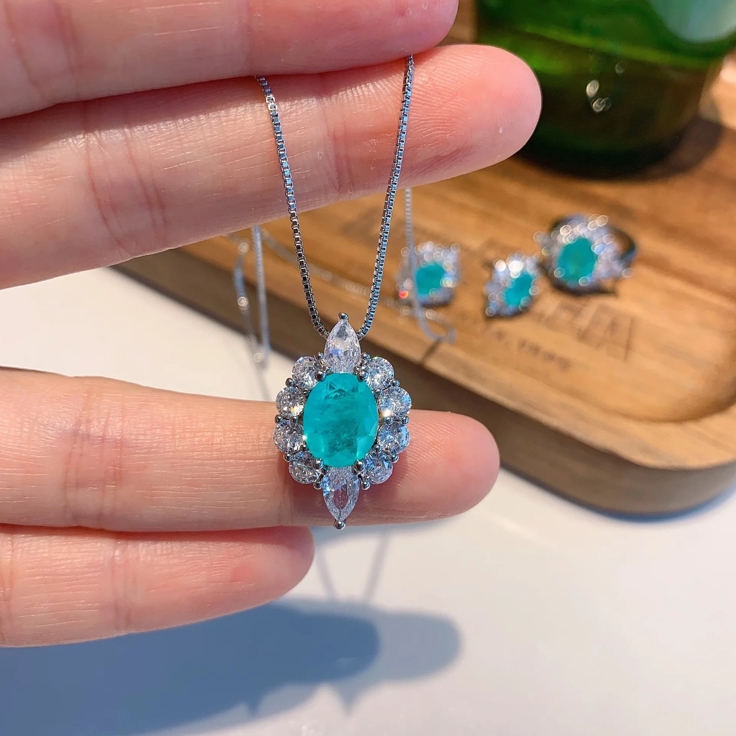 Factory Wholesale Eco-friendly Copper 8*10mm Green Zircon Brass Pendant Earrings Set Minimalist Jewelry Set Women