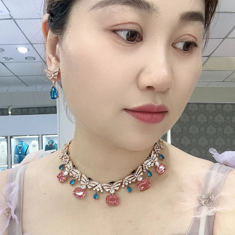Brass butterfly Necklace and Earrings Set Skin-friendly and Luxurious Cubic Zirconia Enamel Women's Wedding Jewelry