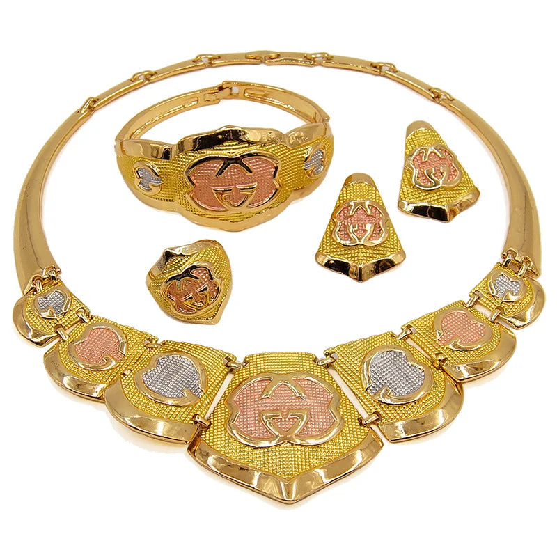 Zhuerrui Brazilian Gold Plated for Women Jewellery Set African Necklace Earring Bangle Ring Jewelry Sets 24k Gold Copper