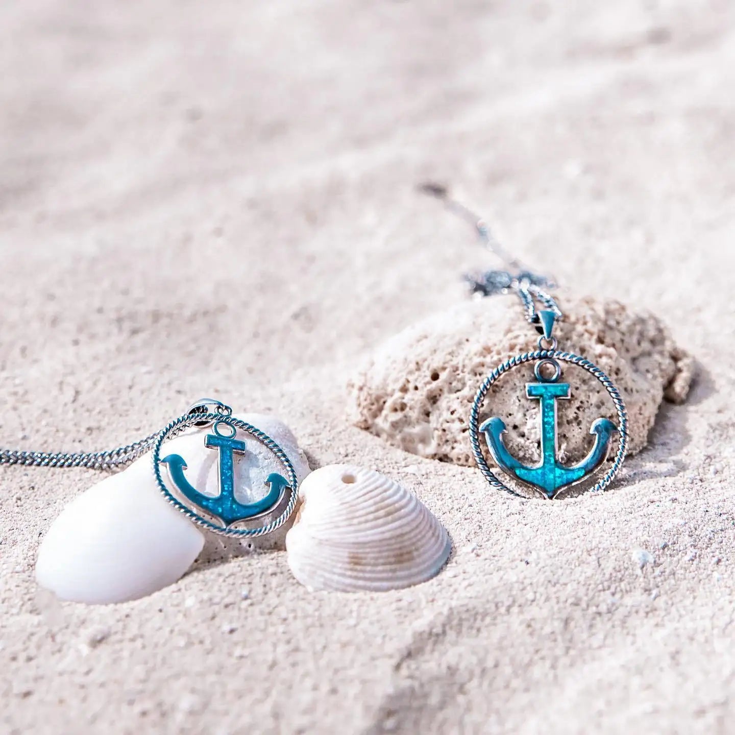 Trendy Sea Style Opal Pendant Necklace  Blue Gem Anchor Jewelry for Beach Outfits